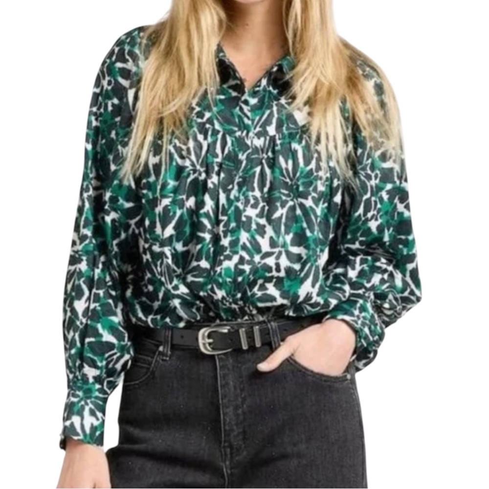 SUNCOO Green and White Abstract Floral Print Button-Down Blouse